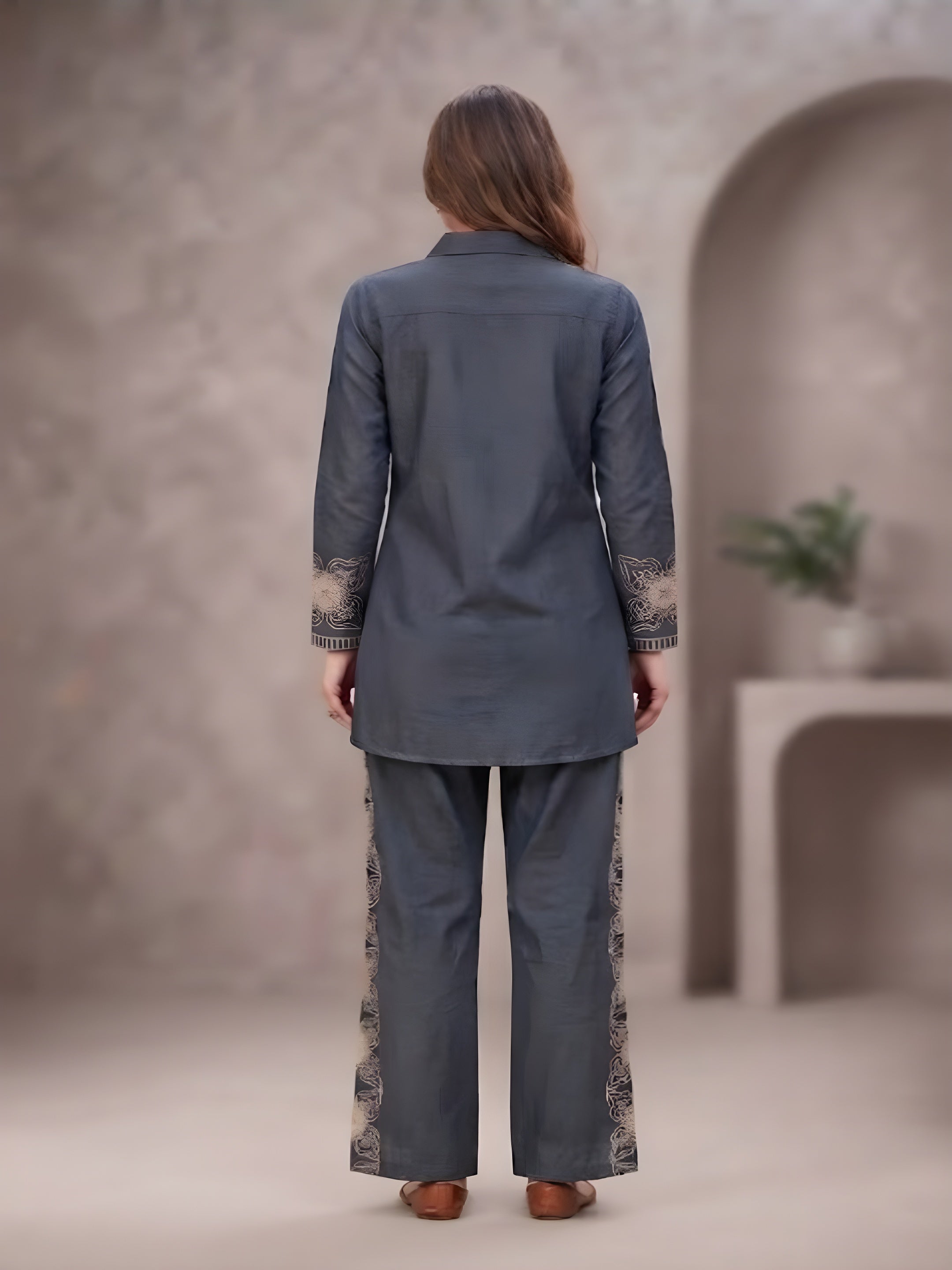 Women's Charcoal Grey Printed Co-Ord Set | Full Sleeve Collared Shirt & Straight Pants