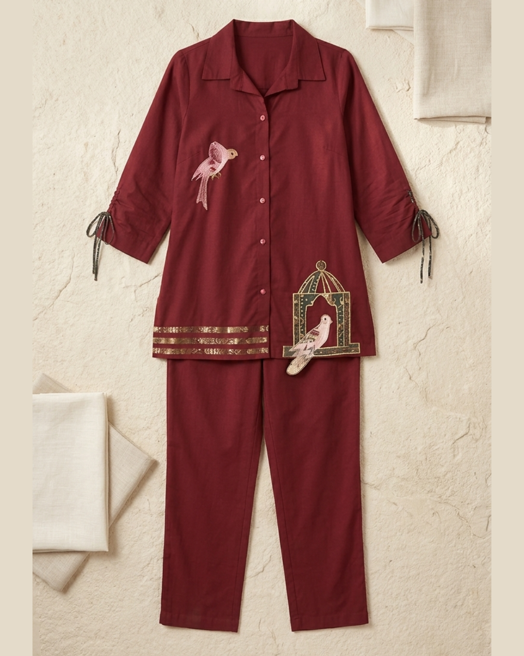 Olive Bird Motif Cotton Co-ord Set