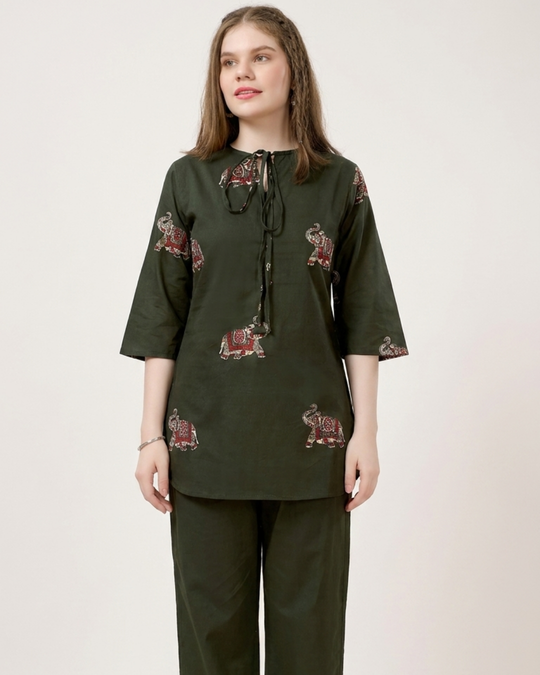 Elephant Print Cotton Kurta Pant Set