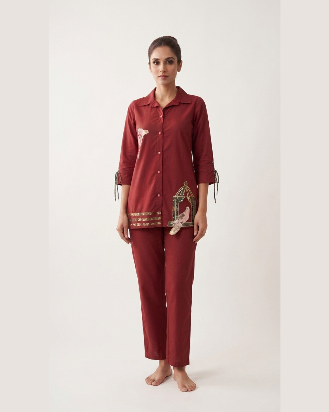 Olive Bird Motif Cotton Co-ord Set