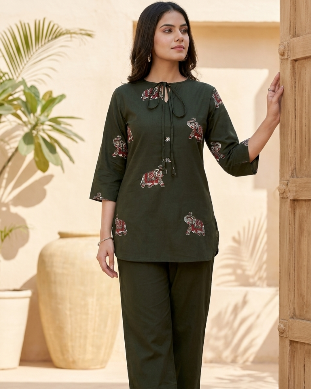 Elephant Print Cotton Kurta Pant Set