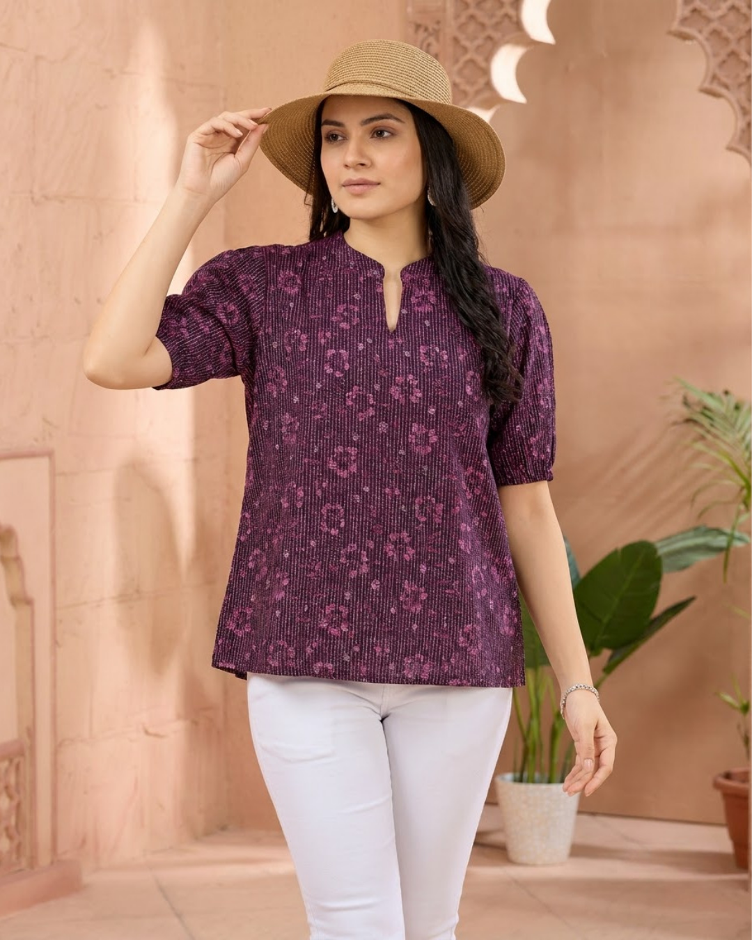 Dark Purple Floral Stripe Blouse