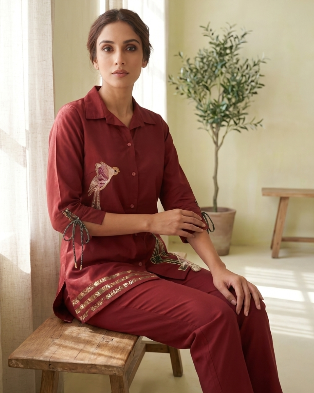 Olive Bird Motif Cotton Co-ord Set