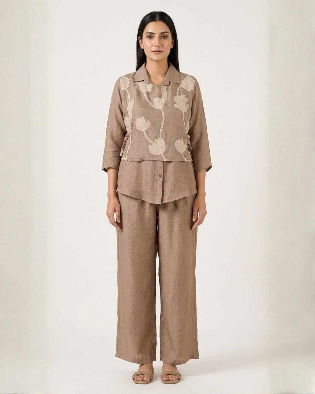 Mocha Floral Embroidered Layered Co-ord Set