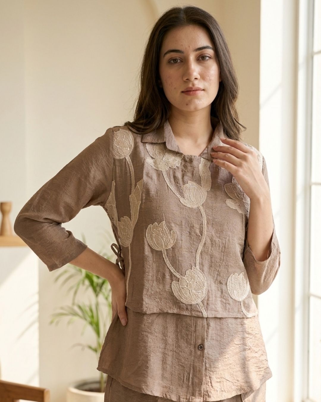 Mocha Floral Embroidered Layered Co-ord Set