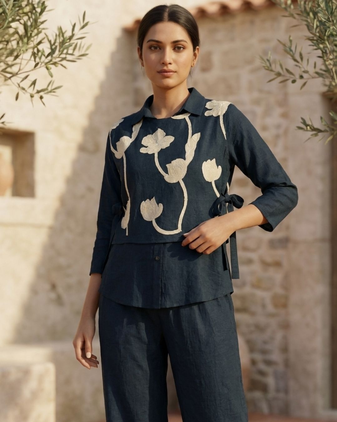 Navy Floral Embroidered Co-ord Set