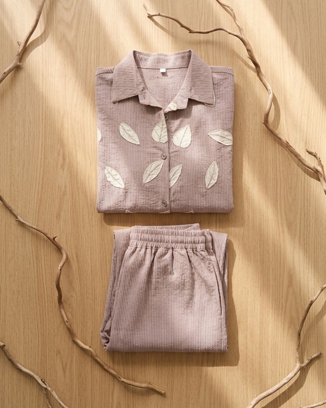 Beige Leaf Print Co-ord Set