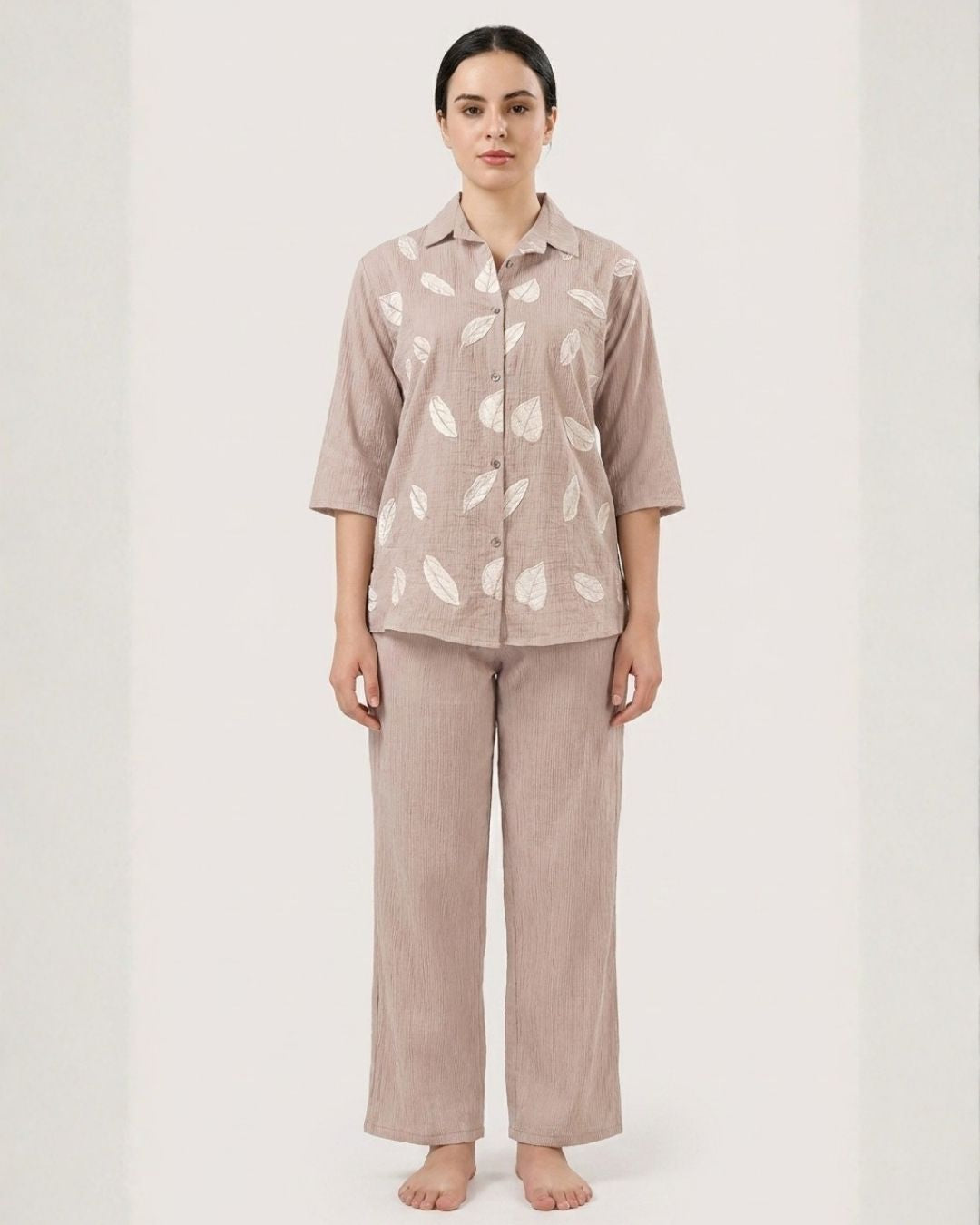 Beige Leaf Print Co-ord Set