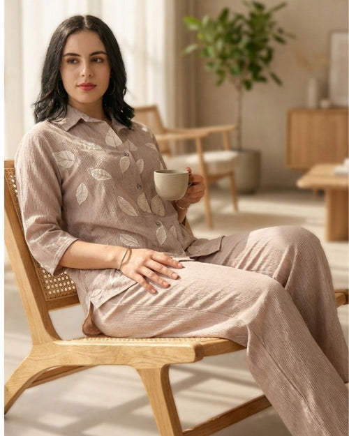 Beige Leaf Print Co-ord Set