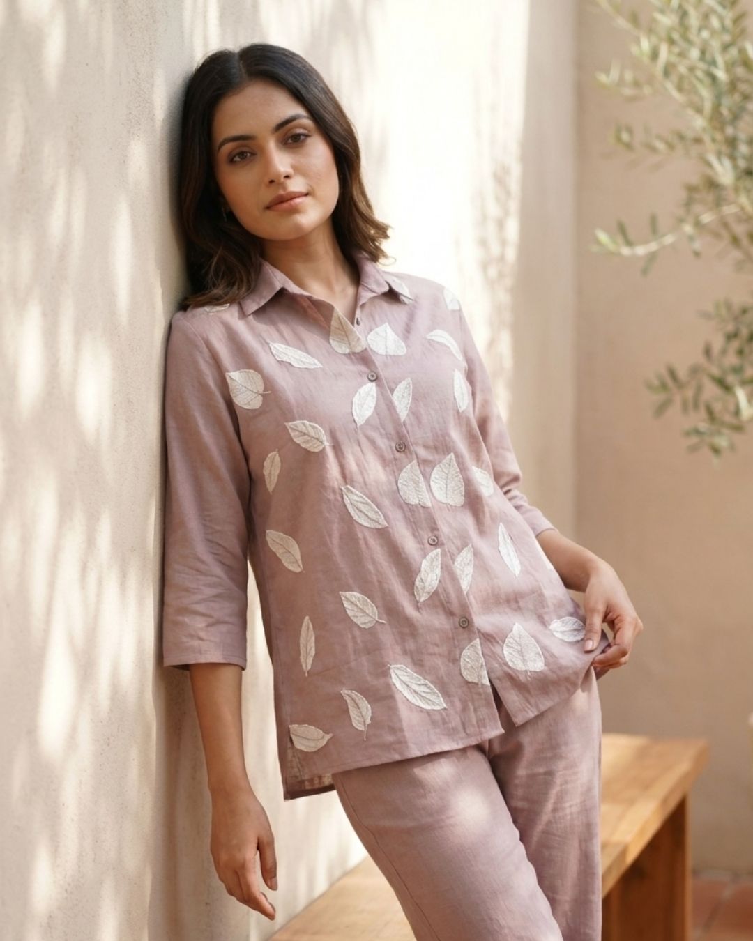 Beige Leaf Print Co-ord Set