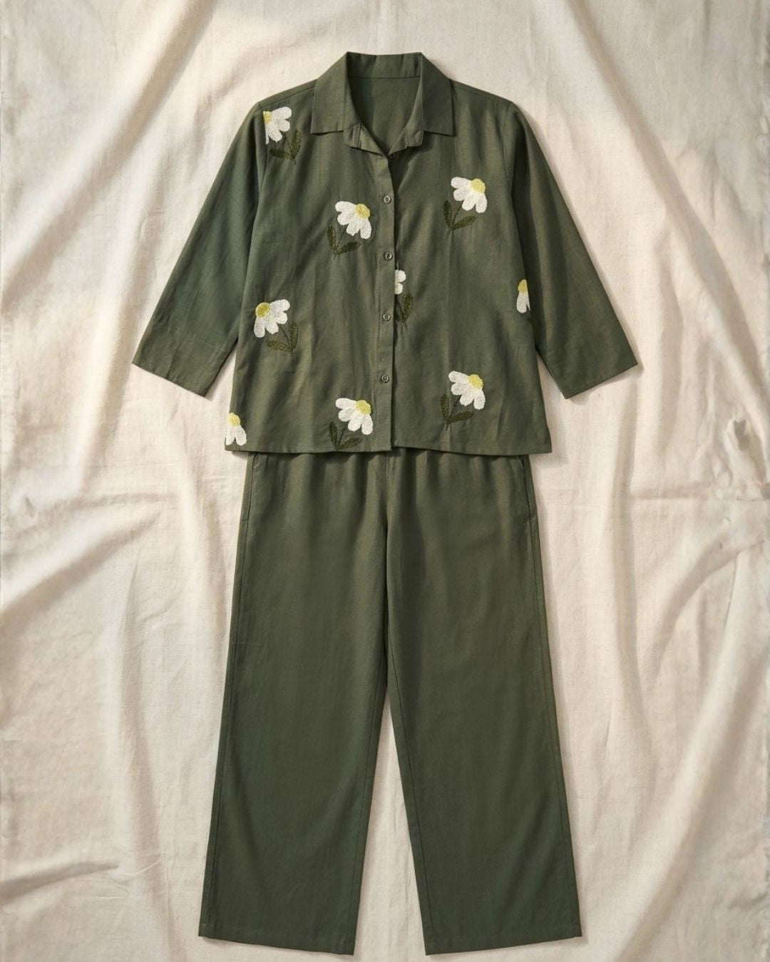 Olive Floral Embroidered Cotton Co-ord Set