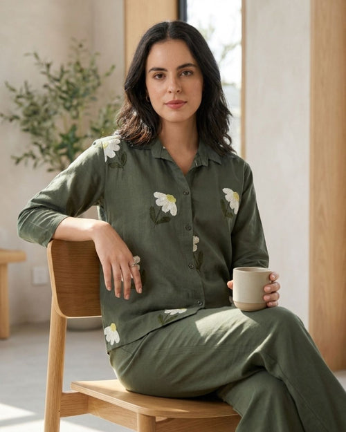 Olive Floral Embroidered Cotton Co-ord Set