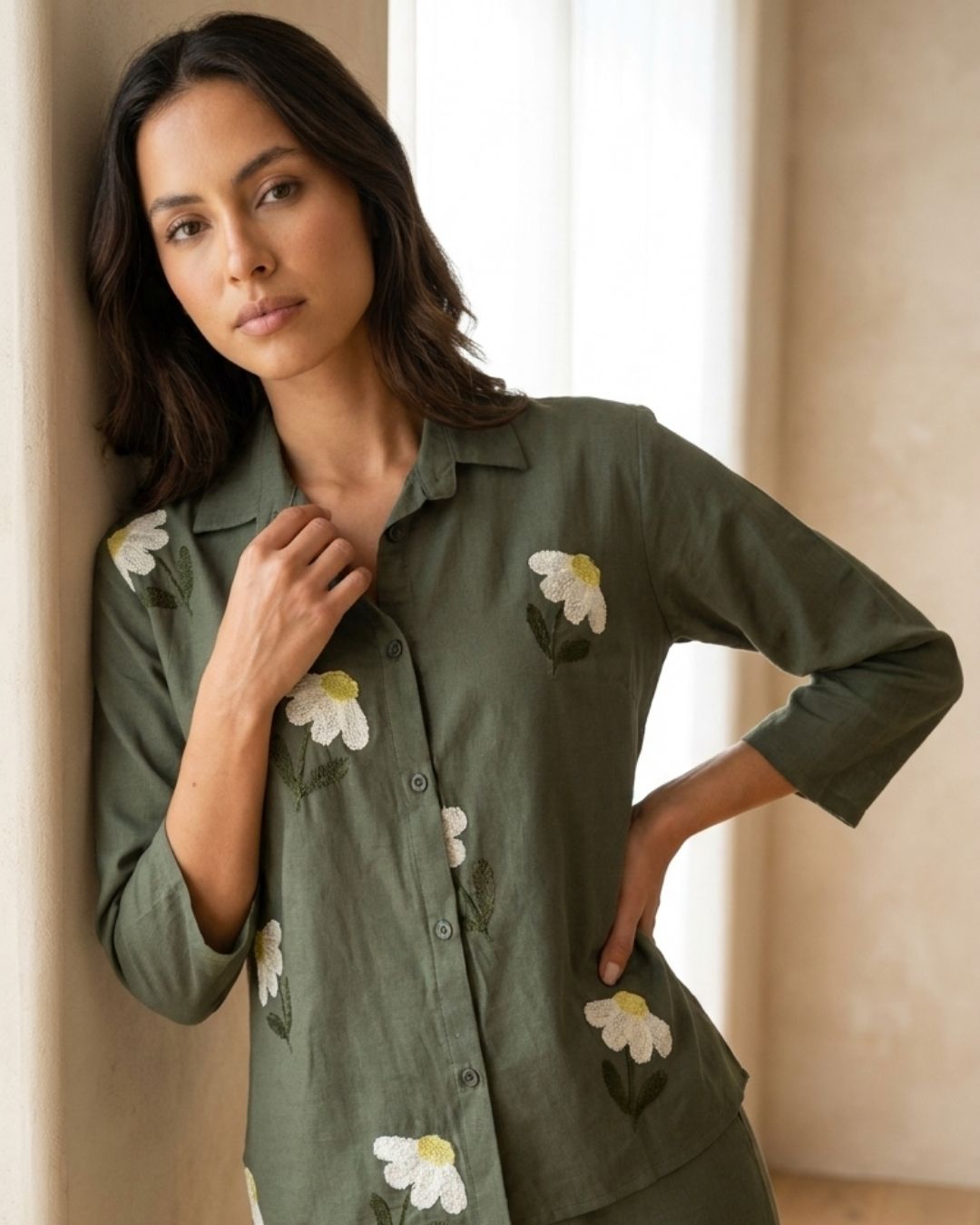 Olive Floral Embroidered Cotton Co-ord Set