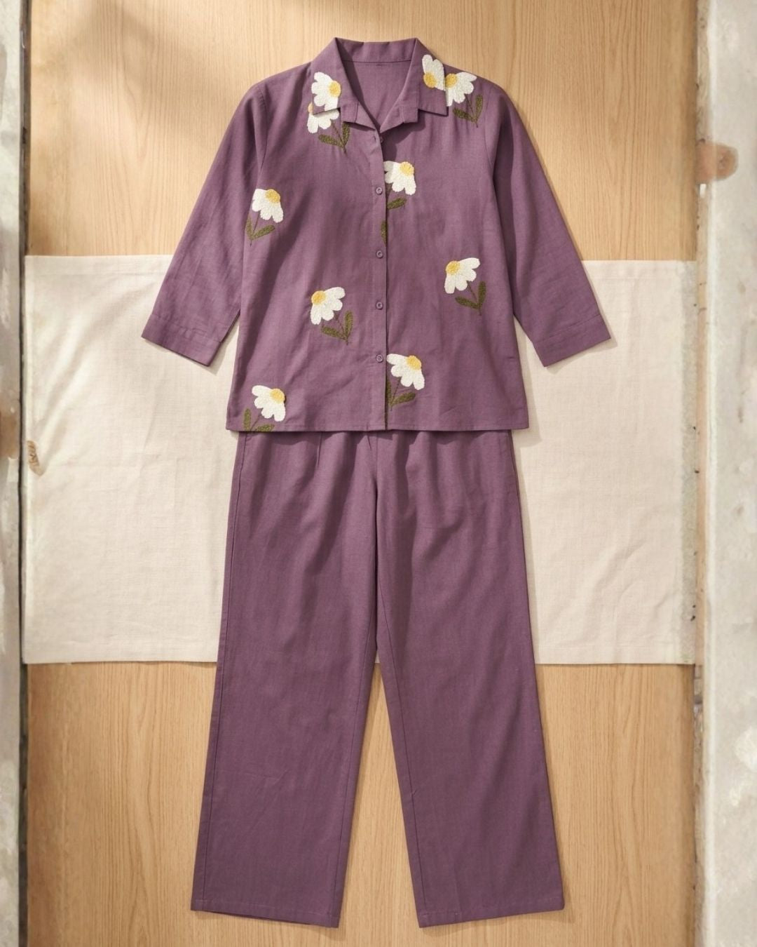 Mauve Floral Embroidered Cotton Co-ord Set