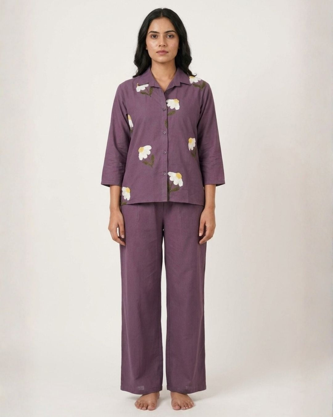 Mauve Floral Embroidered Cotton Co-ord Set