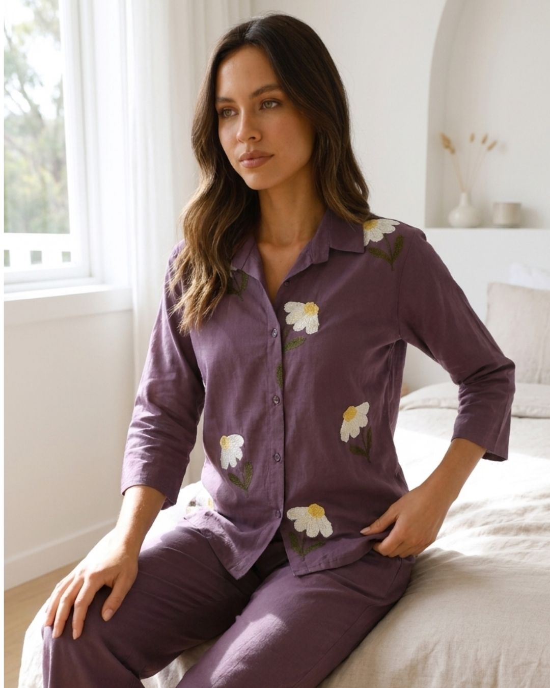 Mauve Floral Embroidered Cotton Co-ord Set
