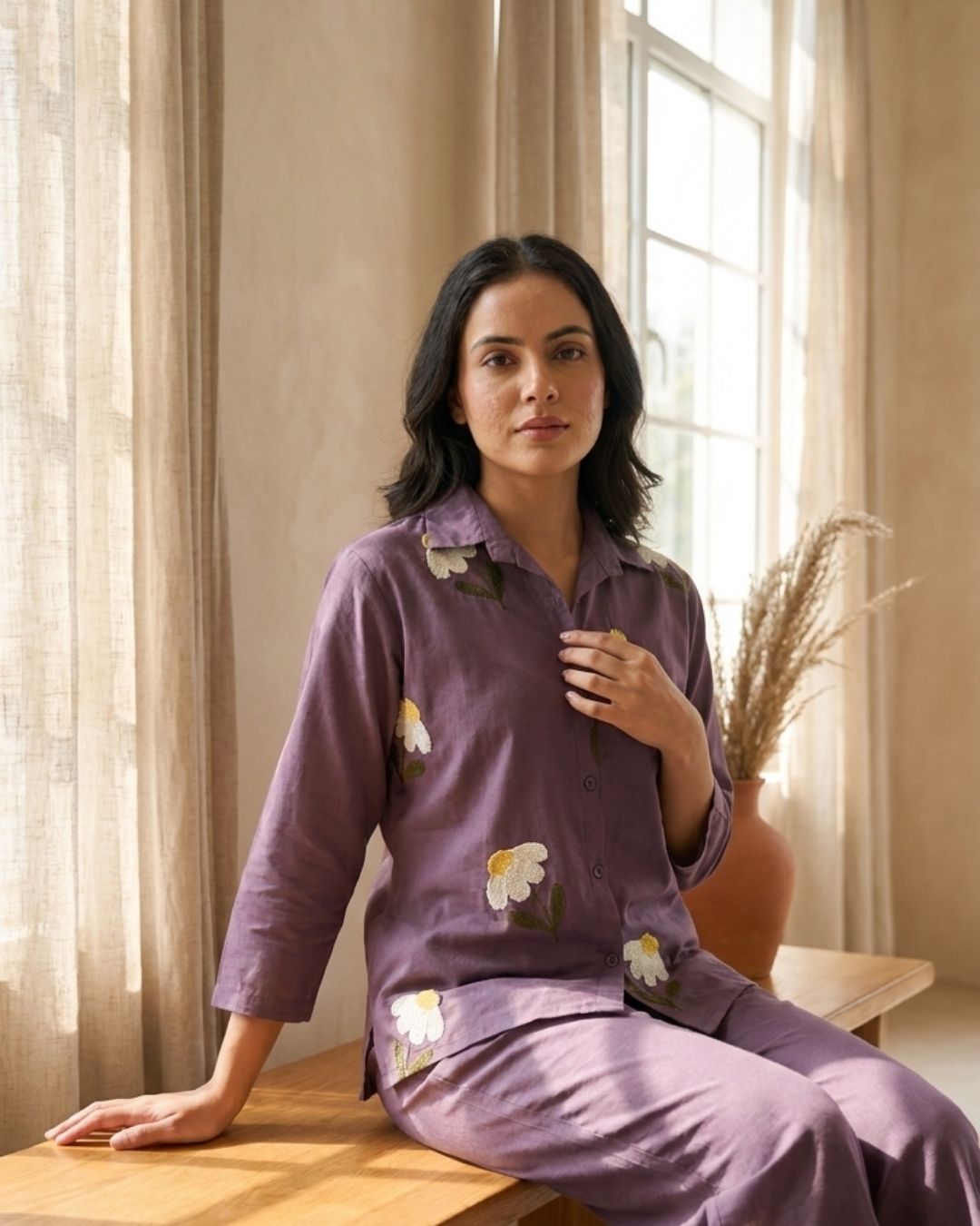 Mauve Floral Embroidered Cotton Co-ord Set