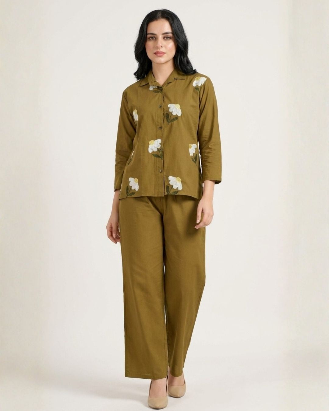 Olive Floral Embroidered Co-ord Set