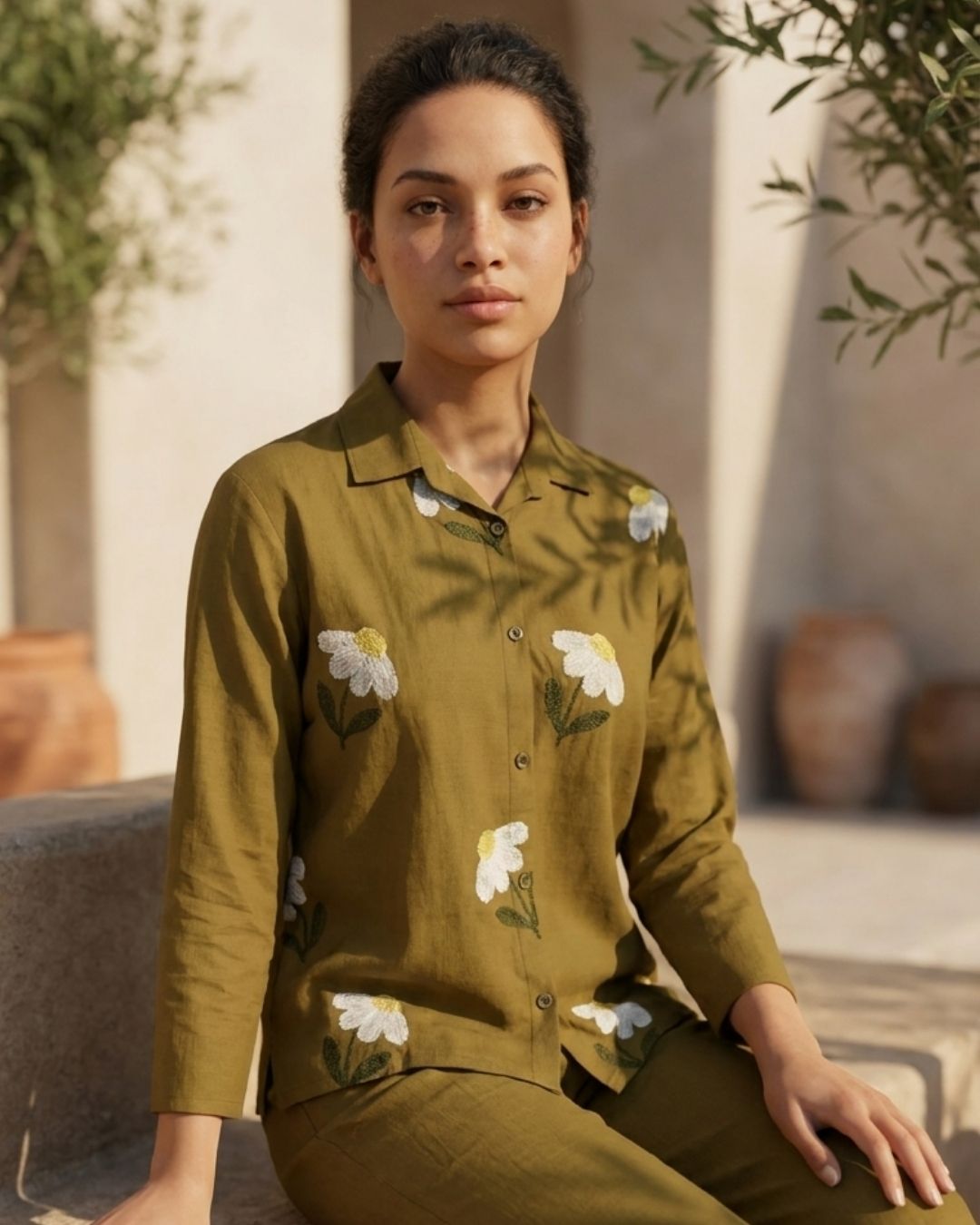 Olive Floral Embroidered Co-ord Set