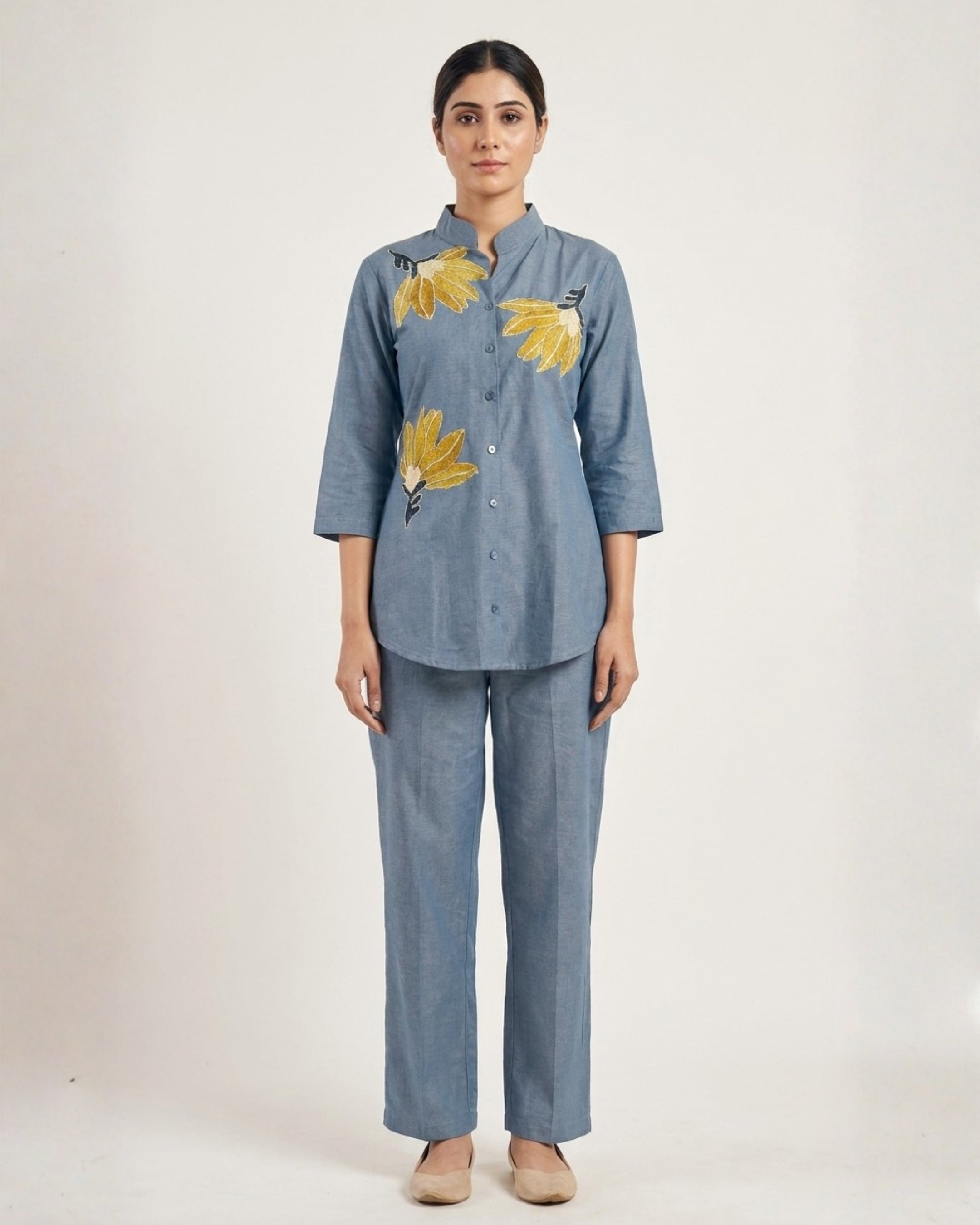 Slate Blue Embroidered Denim Co-Ord Set