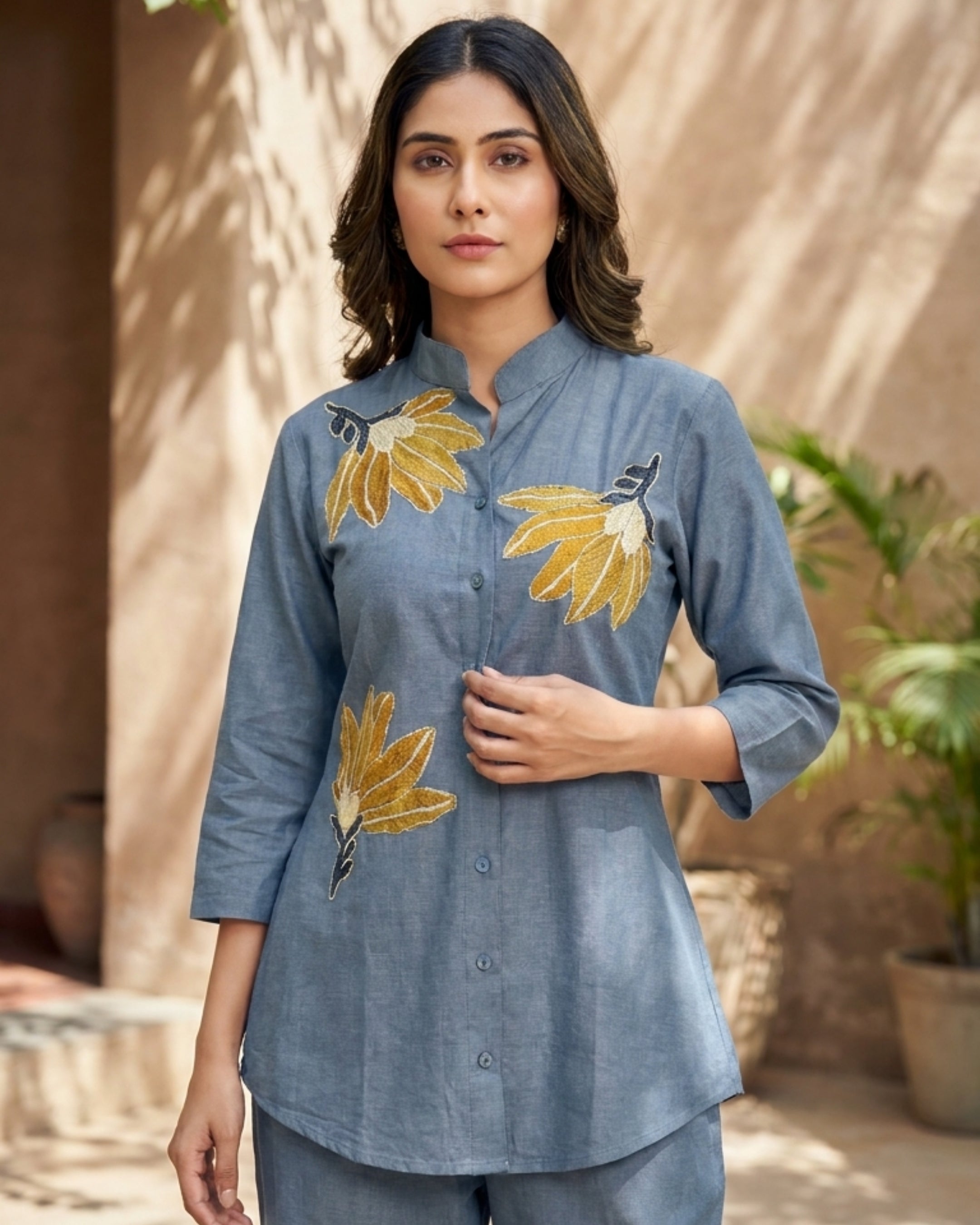 Slate Blue Embroidered Denim Co-Ord Set