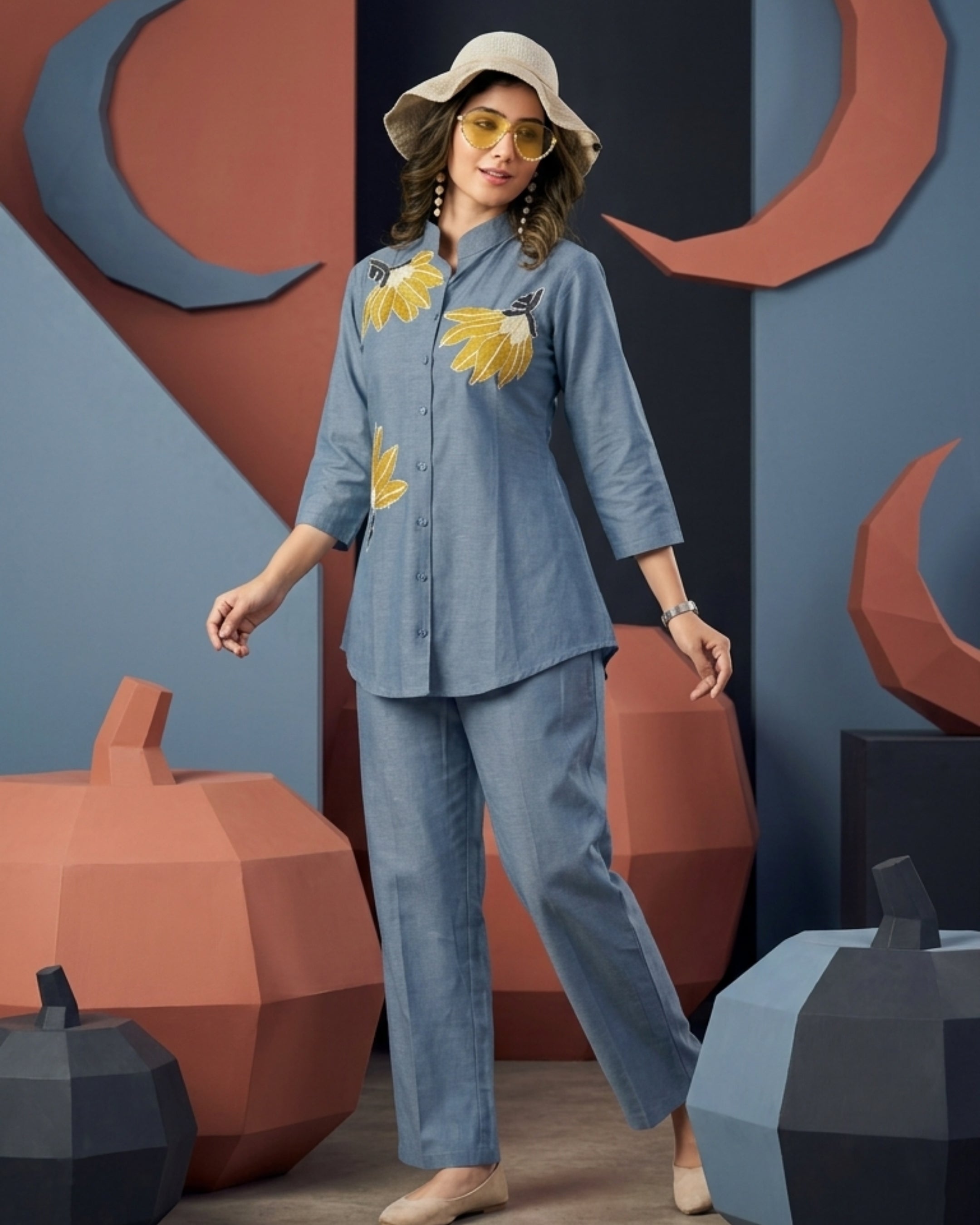 Slate Blue Embroidered Denim Co-Ord Set