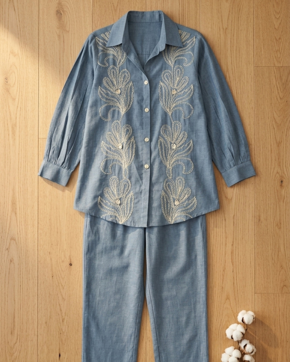 Dusty Blue Embroidered Denim Co-Ord Set