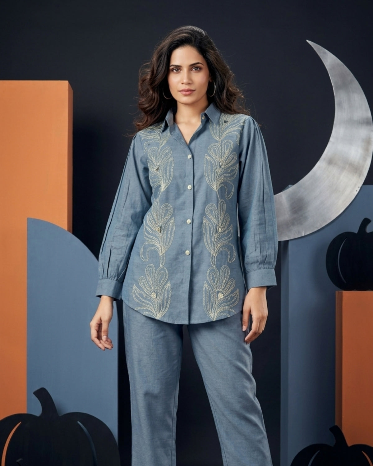 Women's Dusty Blue Embroidered Co-Ord Set