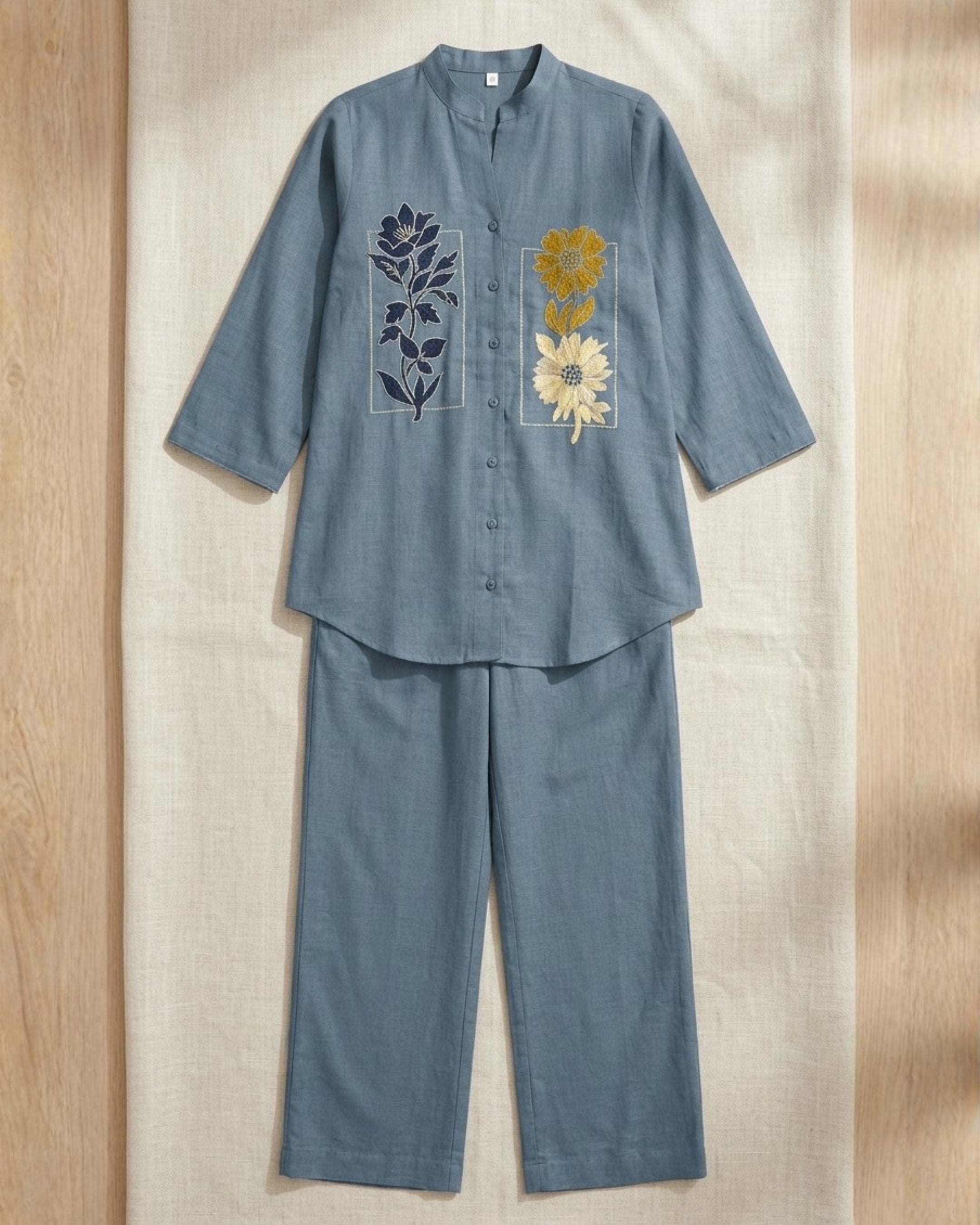 Steel Blue Floral Embroidered Denim Co-Ord Set