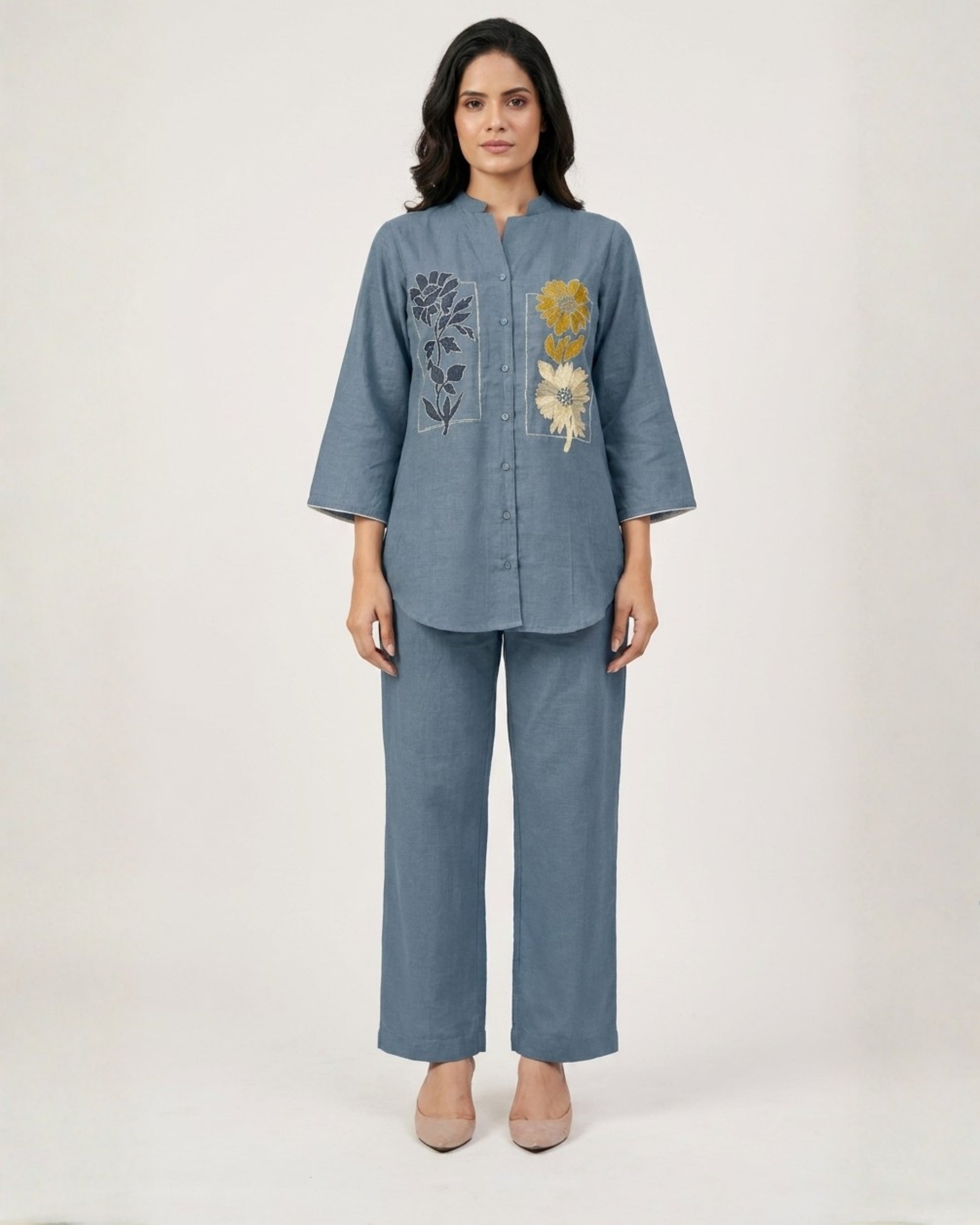 Steel Blue Floral Embroidered Denim Co-Ord Set