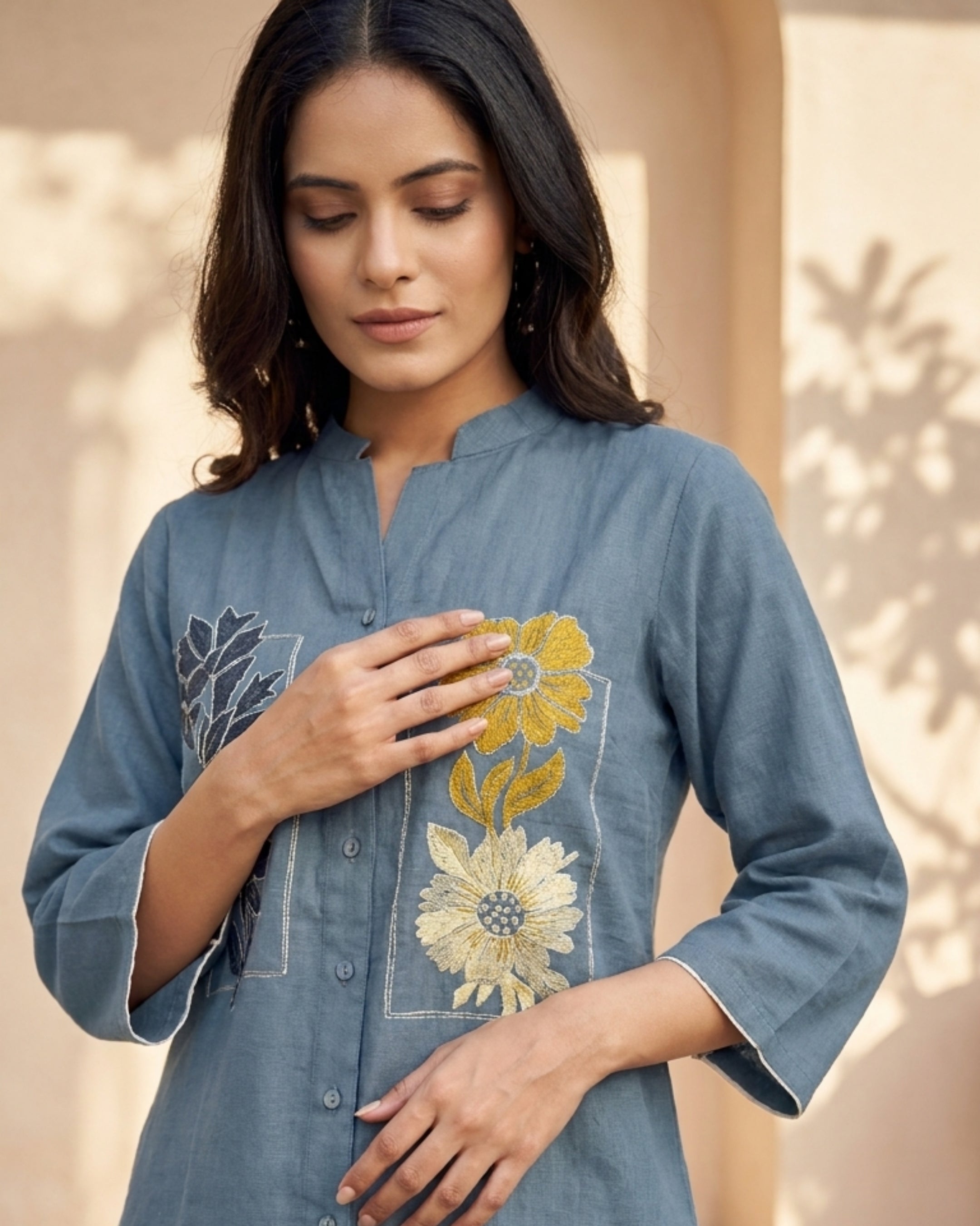 Steel Blue Floral Embroidered Denim Co-Ord Set