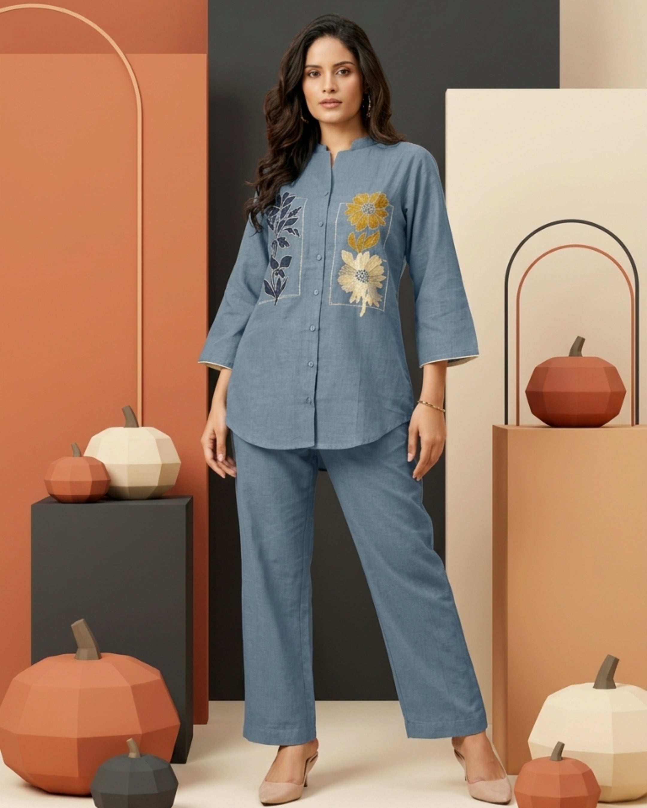 Steel Blue Floral Embroidered Denim Co-Ord Set