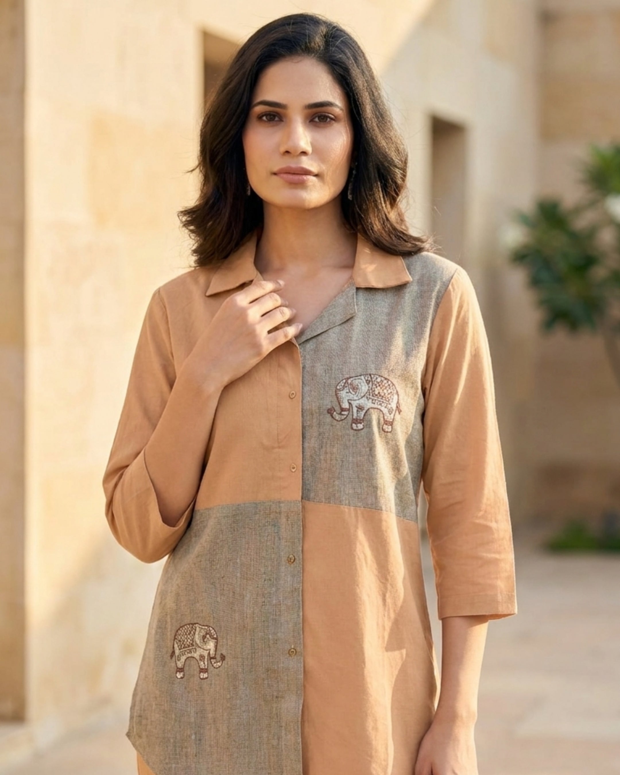 Camel Brown Color Block Co-Ord Set