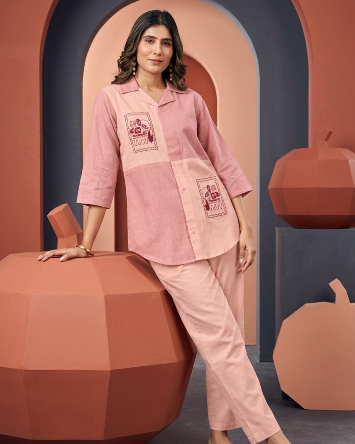Women's Blush Pink Color Block Co-Ord Set