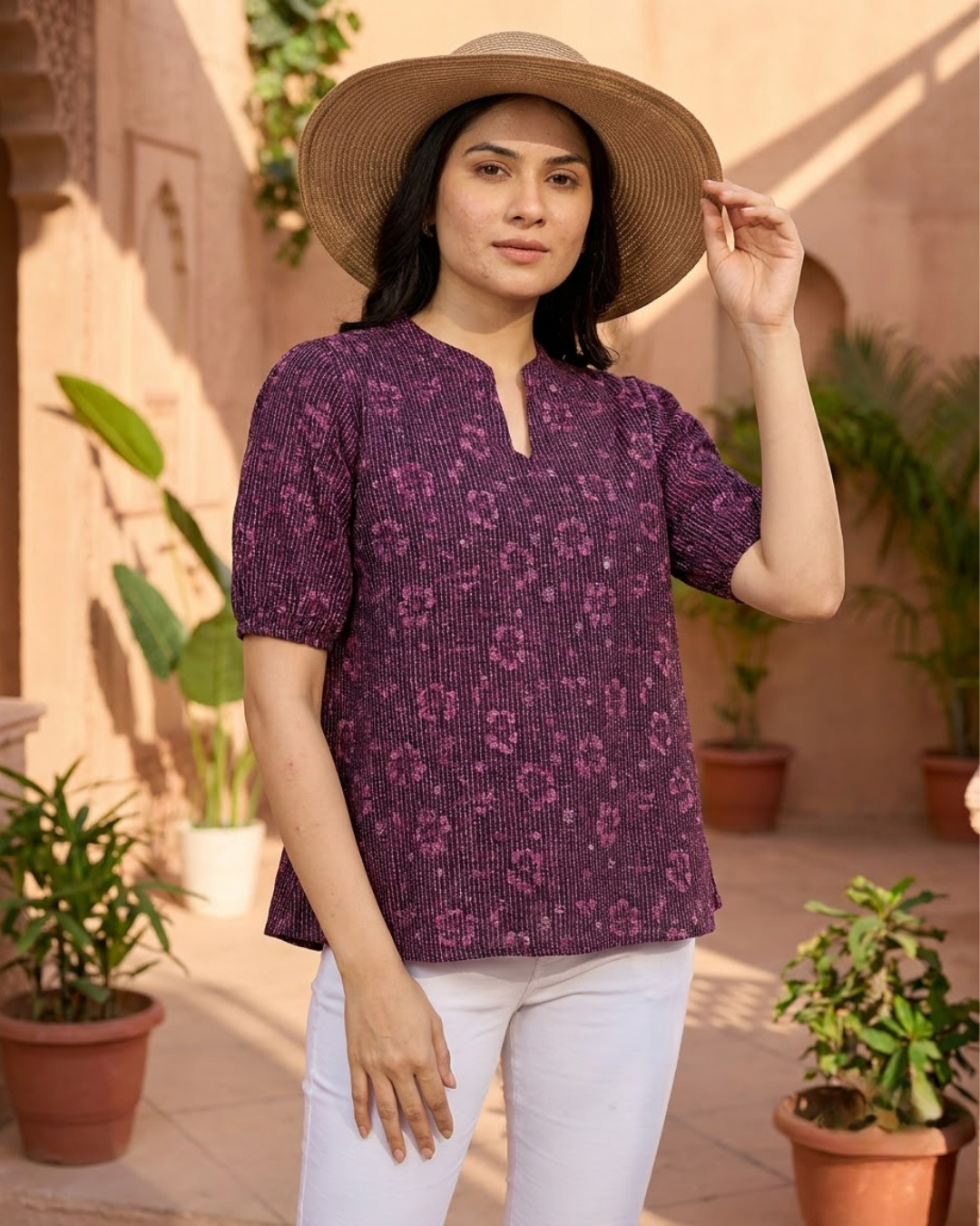 Dark Purple Floral Stripe Blouse