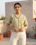 Light Green Leaf Print Button‑Up Shirt
