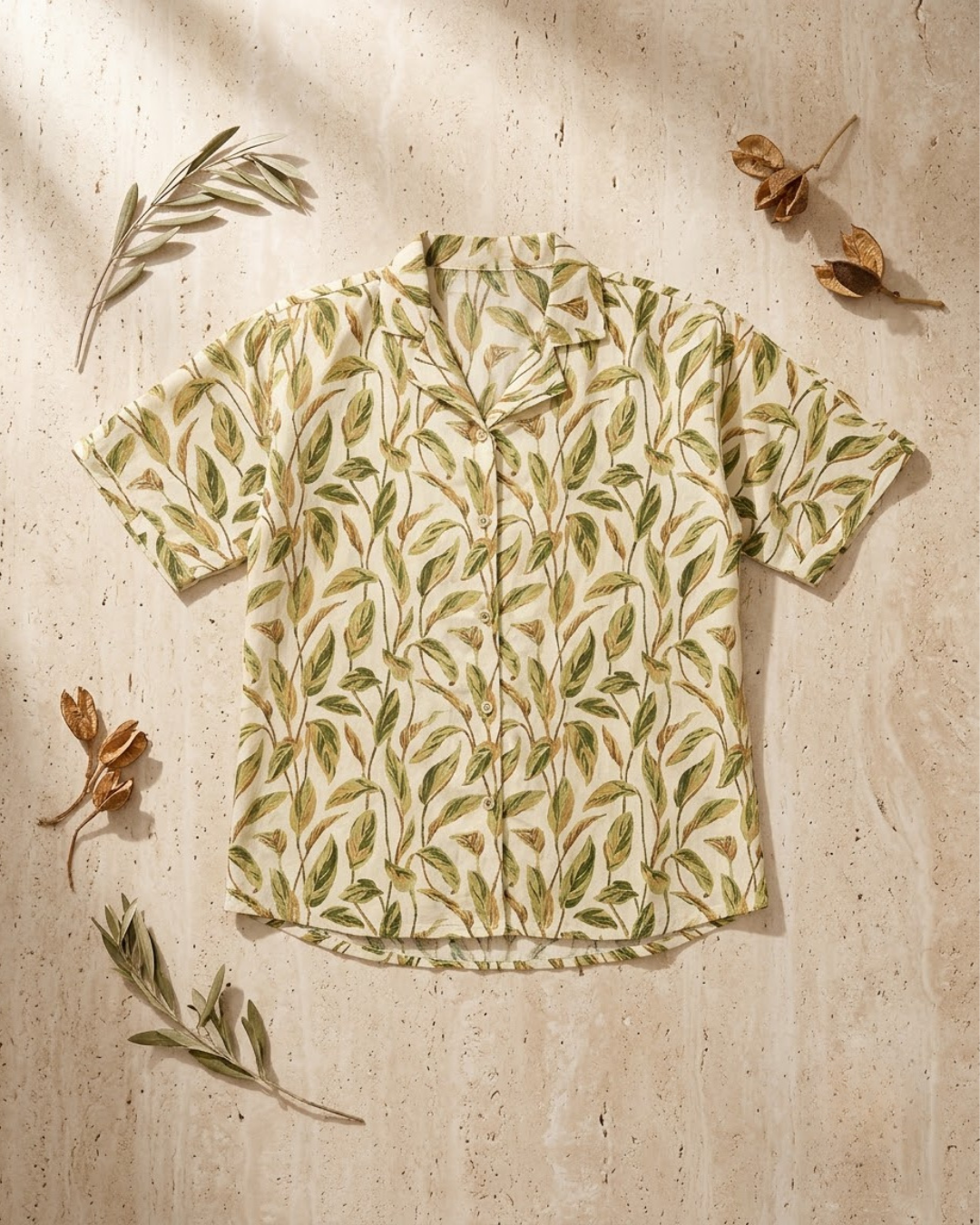Light Green Leaf Print Button‑Up Shirt