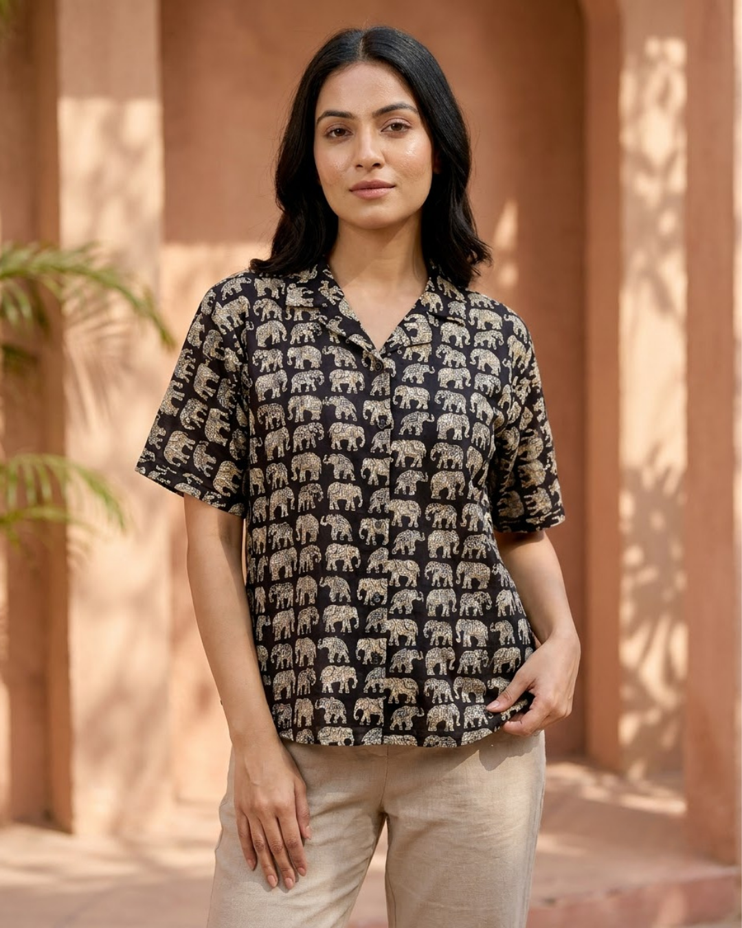 Dark Elephant Print Button‑Up Shirt