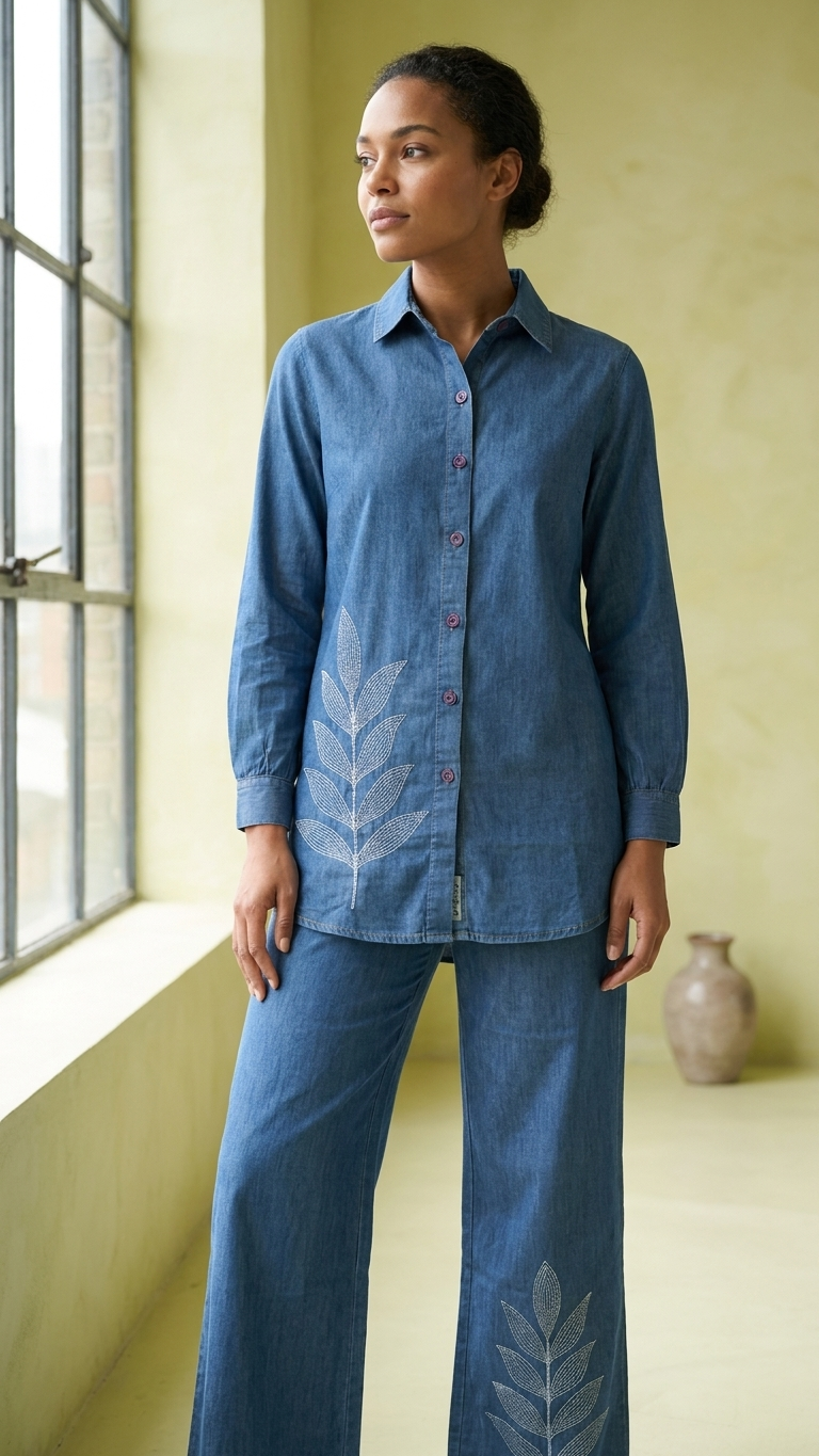 Women's Denim Blue Leaf Embroidered Co-Ord Set | Full Sleeve Collared Shirt & Wide-Leg Pants