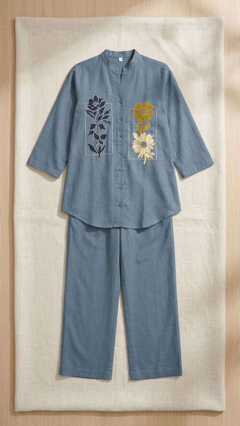 Women's Steel Blue Floral Embroidered Co-Ord Set | Mandarin Collar Shirt with Straight Pants