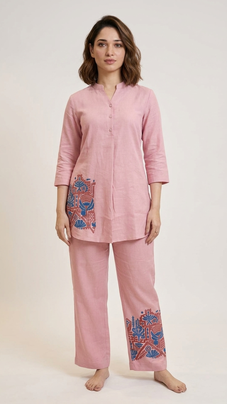 Women's Blush Pink Embroidered Co-Ord Set | Mandarin Collar Kurta & Straight Pants