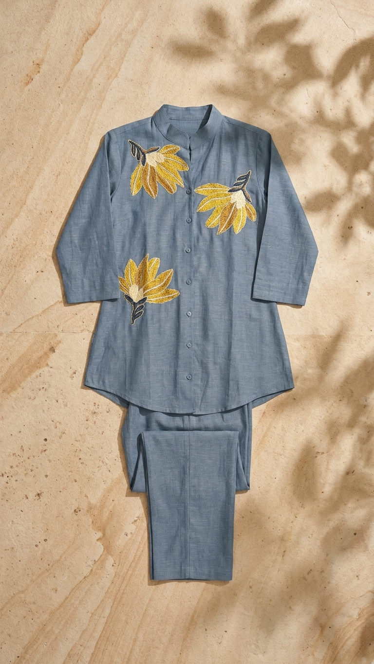 Women's Slate Blue Embroidered Co-Ord Set with Floral Appliqué