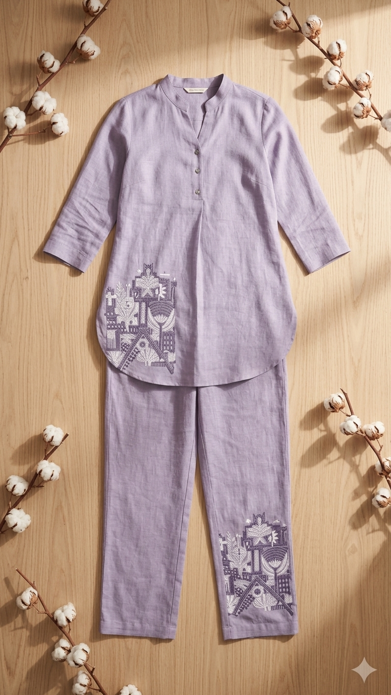 Lavender Embroidered Co-Ord Set | Mandarin Collar Kurta & Straight Pants
