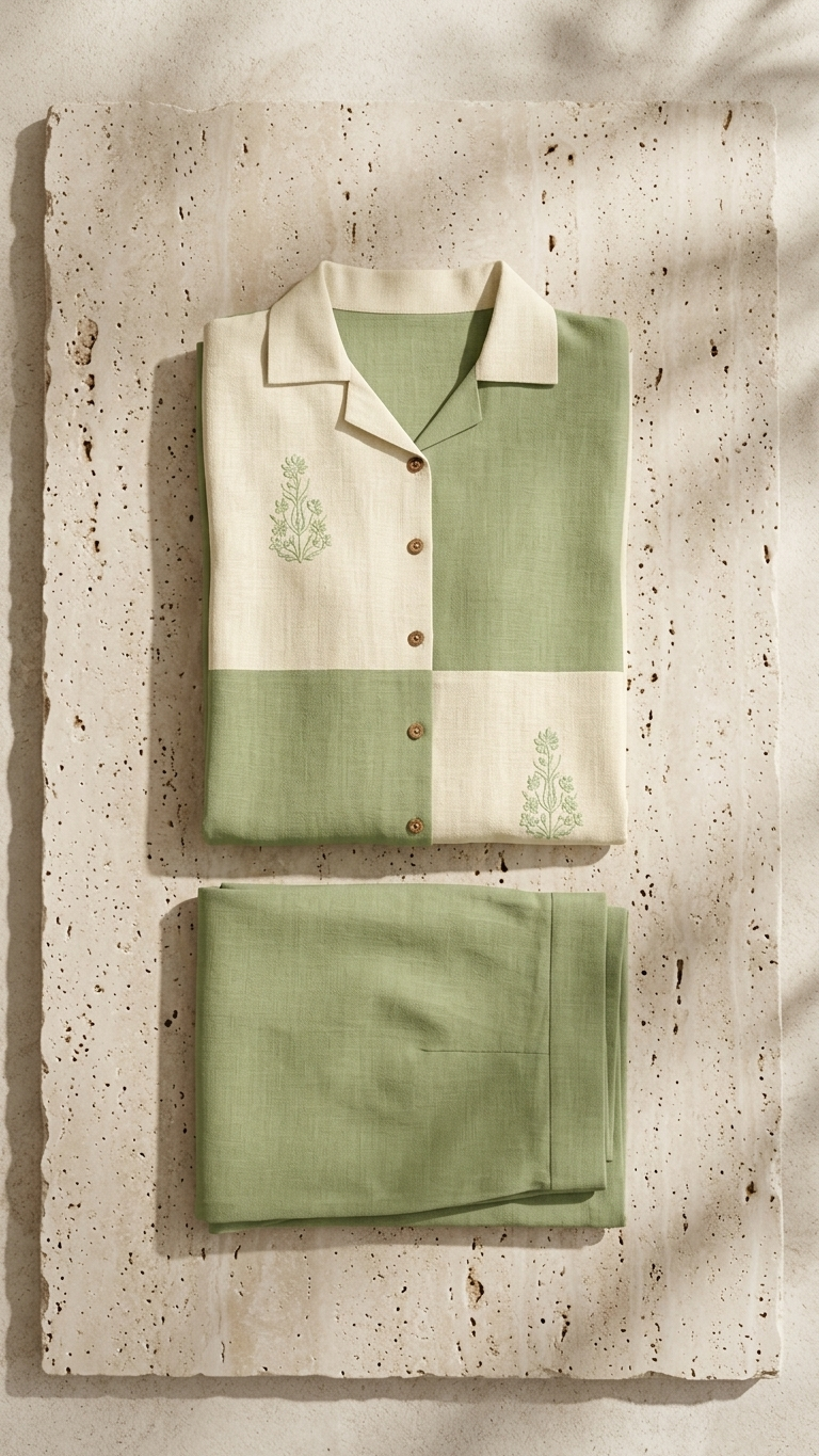 Women's Sage Green Color Block Embroidered Co-Ord Set | Collared Shirt & Straight Pants
