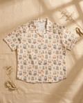 Light Beige Owl Print Button‑Up Shirt