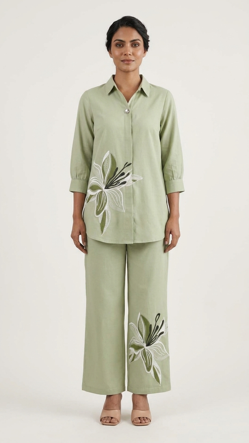 Sage Green Floral Embroidered Co-Ord Set | Collared Shirt & Straight-Leg Pants