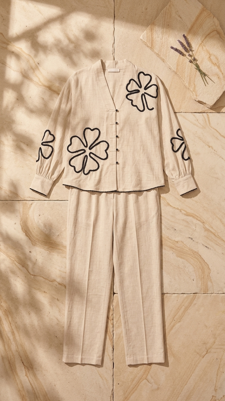 Women's Ivory Floral Appliqué Co-Ord Set | V-Neck Full Sleeve Shirt & Straight Pants