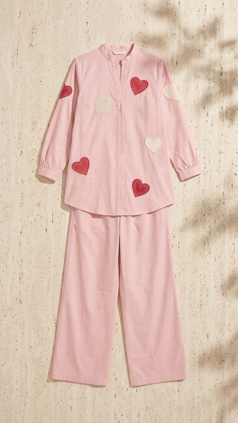 Women's Blush Pink Heart Appliqué Co-Ord Set | Mandarin Collar Shirt & Wide-Leg Pants