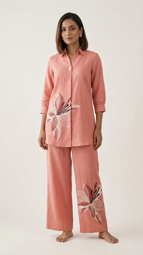 Peach Floral Embroidered Cotton Co-Ord Set with Straight Pants