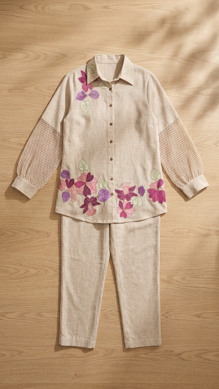 Women's Beige Floral Embroidered Co-Ord Set | Full Sleeve Collared Shirt & Straight Pants